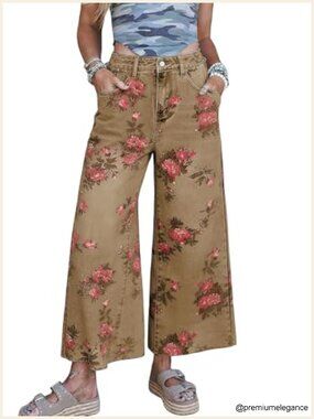 Floral Wide Leg Mid Rise Cropped Denim Jeans with Pockets Stretchy Y2K